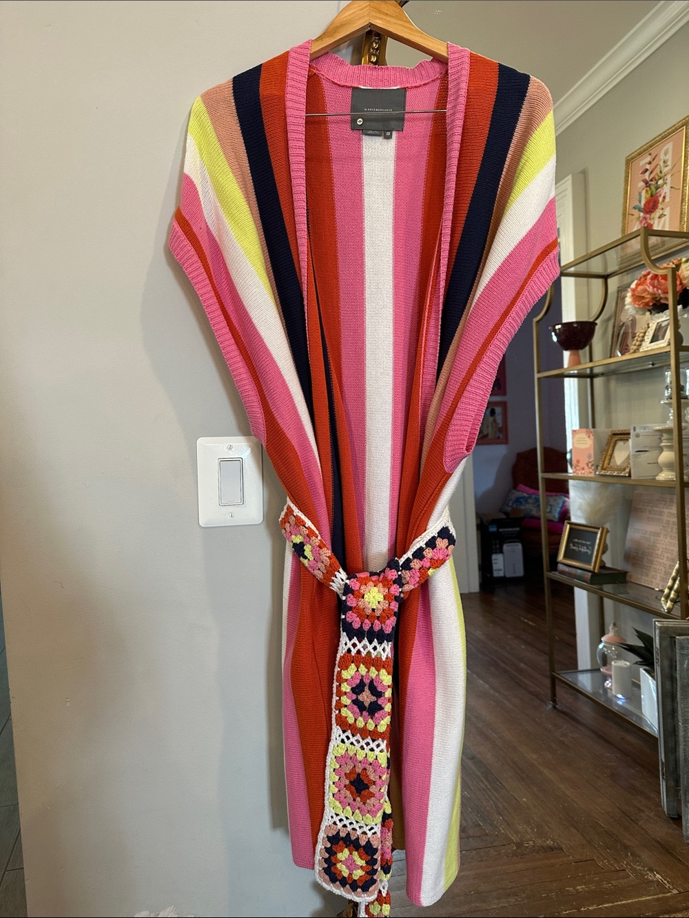 Striped Knit Duster with Crochet Belt - Multicolor - Picture 2 of 6
